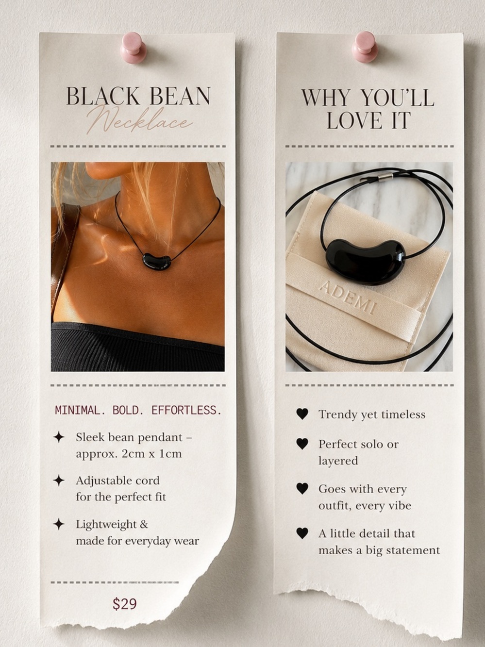 Black Bean Pendant Necklace - Black